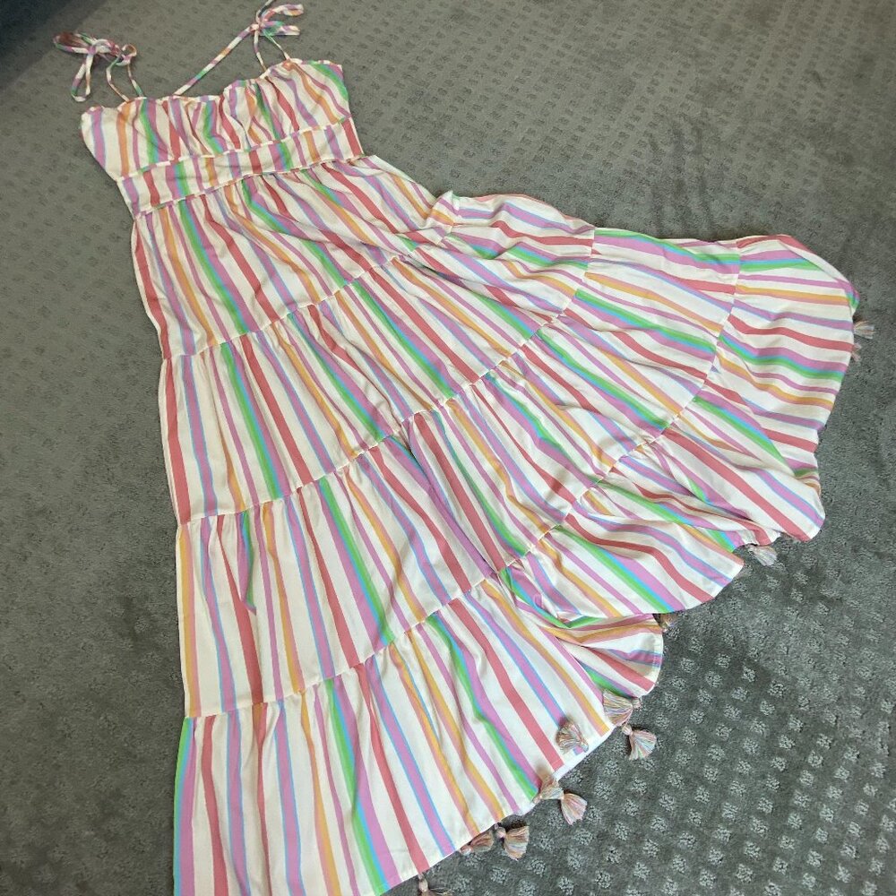 Chic Wish Rainbow Candystripe Boho Maxi Dress with Tassles (XS)